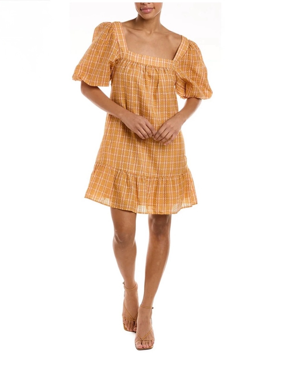 Marie Oliver Kaylee Silk Blend Puff Sleeve Shift Dress Yellow‎ Plaid XS